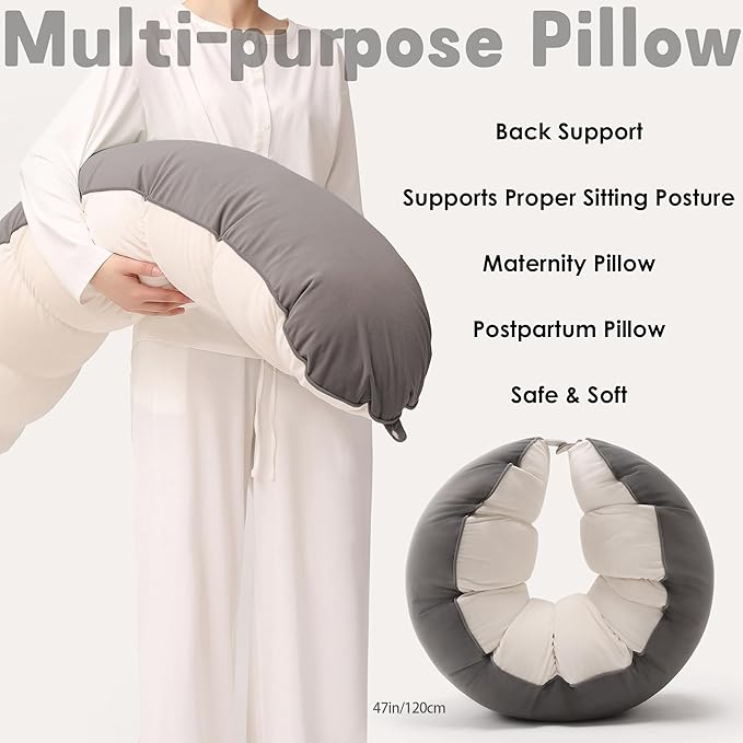 Peallow(Pat. Pend) – Long Round Body Pillow for Adults, Bolster Pillow for Sleeping, Soft and Supportive Pillow for Sleeping & Lumbar Support (Gray-White, 47")
