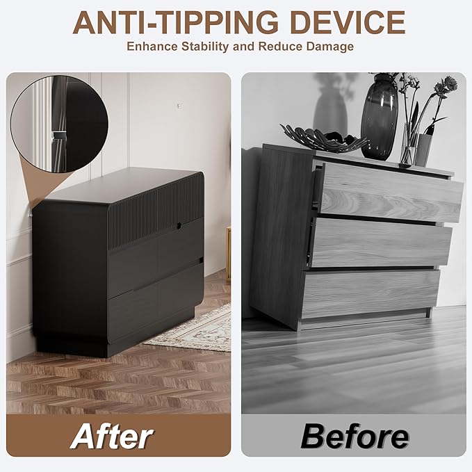 6 Drawer Dresser and 2 Nightstand Sets for Bedroom 3 Pcs Bedroom Set, Modern 47.2" Fluted Dresser with Invisible Handles Nightstand Charging Station, Bedroom Furniture Set for Living Room, Black