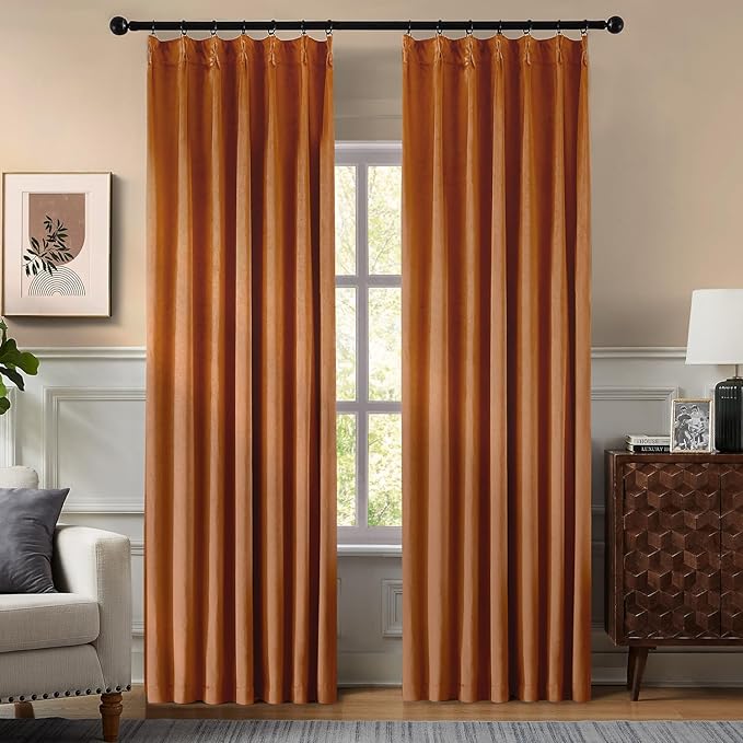 Pinch Pleated 100% Blackout Curtains for Bedroom, Yellow Velvet Curtains for Living Room, Black Out Curtain 90 inch Long Room Darkening, Blackout Pinch Pleat Drapes with Hooks 2 Panels