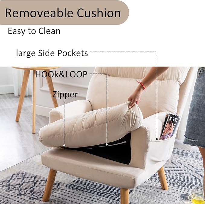 INZOY Accent Chairs with Ottoman Set, Modern Velvet Armchair with Adjustable Backrest, Comfy Lounge Chair for Living Room Bedroom, Creamy