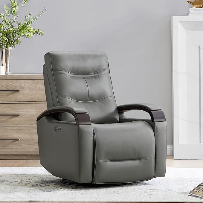CHITA Genuine Leather Power Swivel Glider Rocker Recliner, FSC Certified Mid Century Modern Recliner Chair for Adults, Adjustable Power Headrest, for Nursery and Living Room, Haze