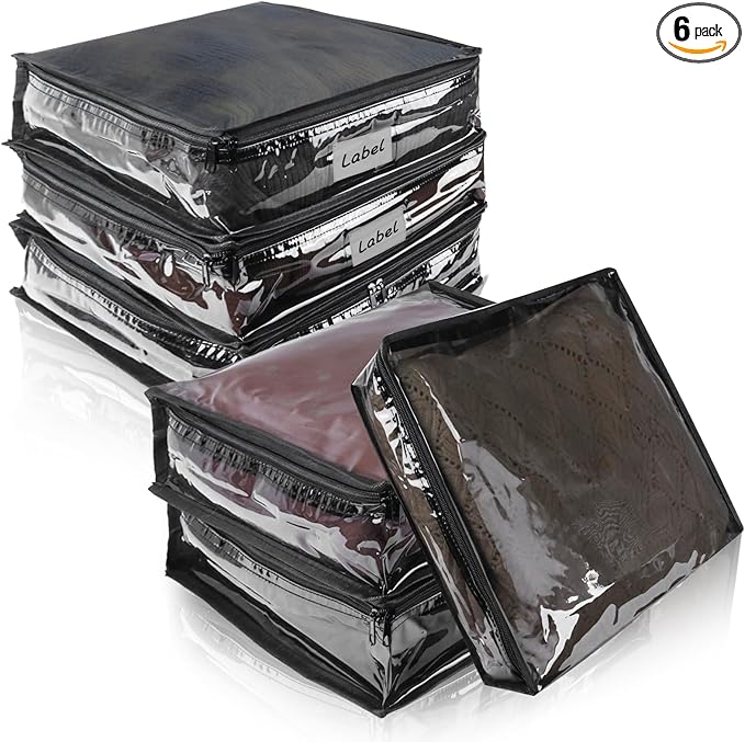 Clear Zippered Storage Bags Plastic Sweater Storage Bags with Zipper 6 Packs Clothing Organizer for Blankets Linen Sweater Bed Sheet Quilt Clothes Pillow (15.7 x 13.8 x 3.9 Inch, Black)
