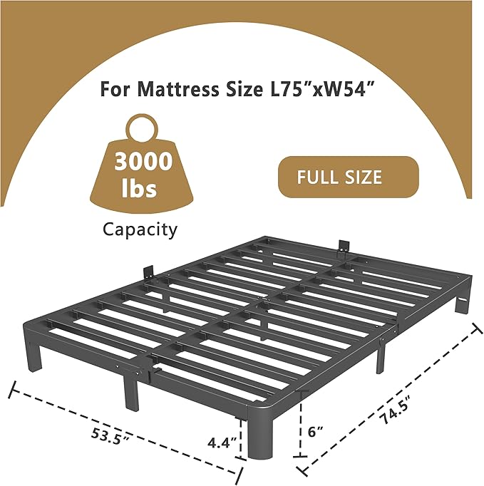 ITIMIDI 6 Inch Bed Frame Full Size with Metal Gaskets, Heavy Duty Steel Support 3000 LBS, No Box Spring Needed, DIY Headboard, Anti-Slip Mattress Stopper, Round Corner Leg, Easy Assembly, Black