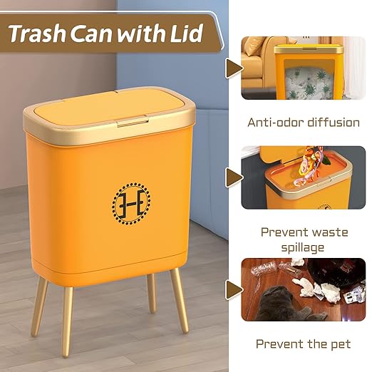 Procade Bedroom Trash Can with Lid,Slim Bathroom Trash Cans with Lids, Dog Proof Trash Bin with Press Top Lid,Modern Gold Trash Can Plastic Waste Basket for Living Room, Office,Kitchen, 4 Gal-Orange