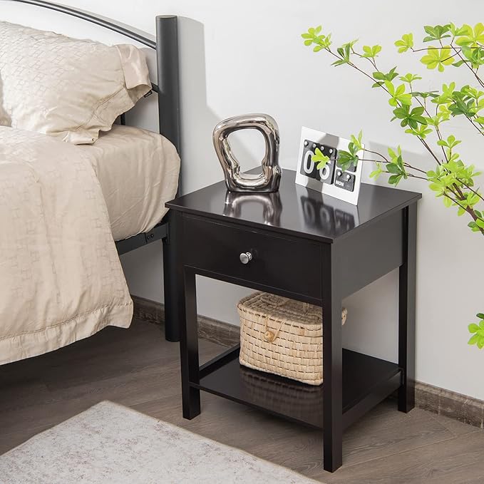 Giantex Nightstand Set of 2, Wood End Table with Drawer and Open Shelf, Night Stand for Small Spaces, 2-Tier Bedside Table for Living Room Bedroom Dorm, Easy Assembly, Black