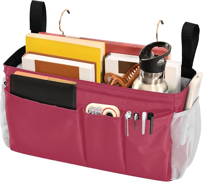 KOPIRIT Strawberry Red Bedside Caddy Storage Bag Bedside Organizer for College Dorm Top Bunk Bed Organizer Caddy Hanging Shelf 6 Pockets with Hooks for Glasses Book Tablet Holder
