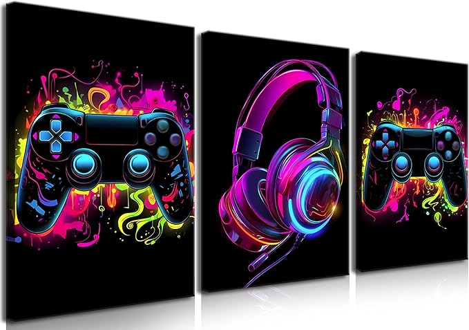BGFCE Game Room Decor Set of 3, Neon Gaming Video Game Room Wall Art, Gaming Canvas Paintings Posters Prints for Teen Boys Room Children Teen Wall Decor Framed 12x16 in