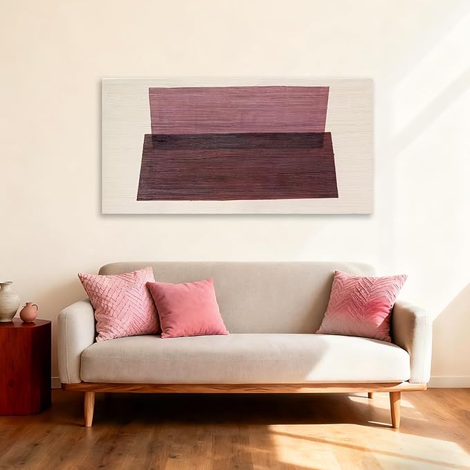 YETHEN WAL Neutral Burgundy Mauve Abstract Wall Art, Hand-Painted Textured Geometric Stripe Canvas Painting, Earth-Tone Minimalist Artwork for Living Room Bedroom Office 20x40 Inch