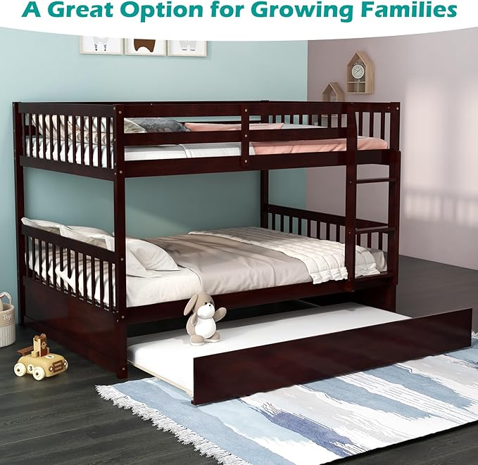 Giantex Full Over Full Bunk Bed with Trundle, Solid Wood Trundle Bed Frame w/Guardrails and Ladder, Convertible to 2 Beds, Full Size Bunk Beds for Adults Kids Teens, No Box Spring Needed,Espresso