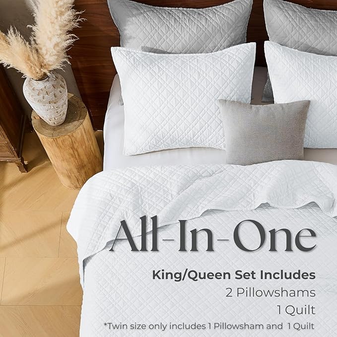 Cali King Quilt Set with Shams Lightweight Quilted Bedspread Coverlet Thin Comforter Bed Cover Vintage Washed Quilted Blanket for All Season, Brushed Microfiber Diamond Stitching, White, 111"x92"