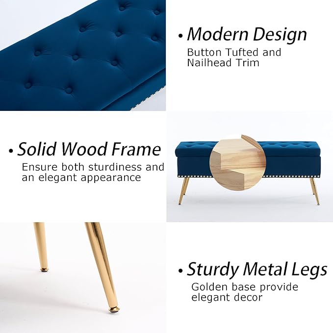 Velvet Storage Bench with Gold Legs& Nailhead Trim, 46" Wide Upholstered Modern Bedroom Bench for End of Bed, Tufted Ottoman for Entryway Living Room Dining Room (Navy Blue, 46" Wide)