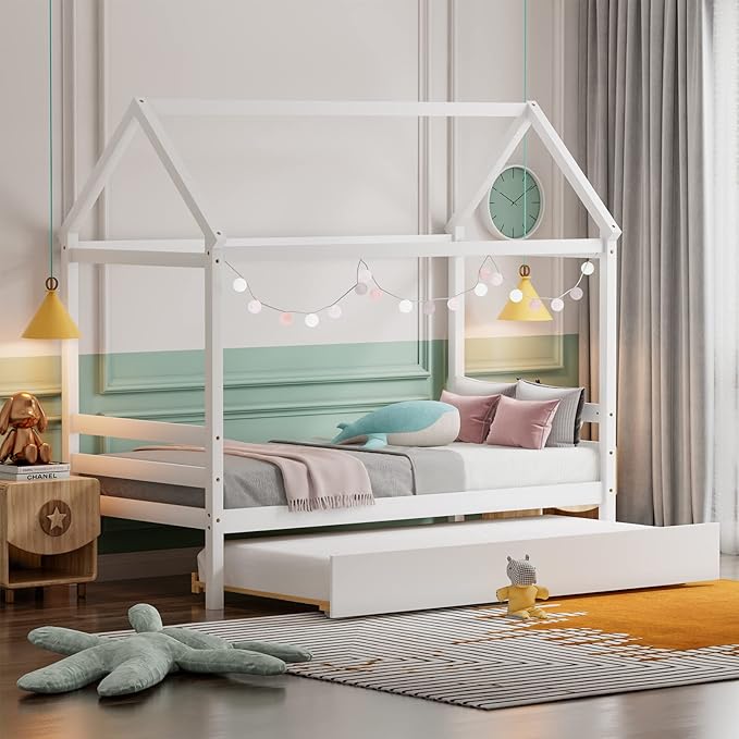 Giantex House Bed with Trundle, Solid Wood Twin Size Daybed for Girls & Boys, Kids Platform Bed Frame with Roof for Bedroom, No Box Spring Needed, White