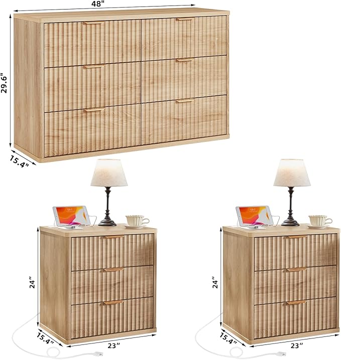 LEYAOYAO 48" Wide Fluted Dresser and 3 Drawers 23" Nightstand Set of 2, Wooden Dresser & Night Stand with Charging Station, 3 Piece Bedroom Furniture Set, Wood Chest of Drawer for Living Room,Natural