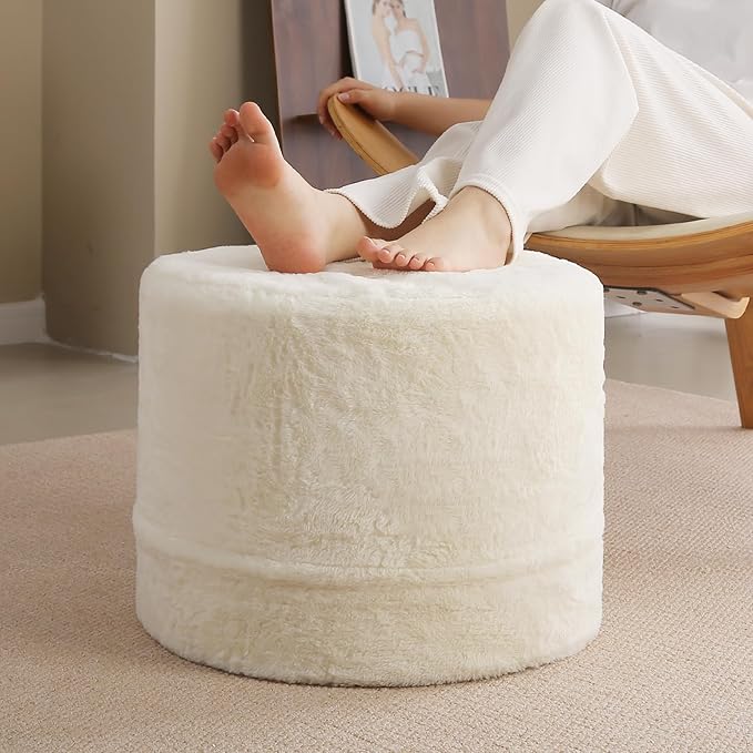Tiita Round Stuffed Pouf Ottoman, Plush Poufs with Foam Chunk Filling, Foot Rest Stool for Living Room, Cream