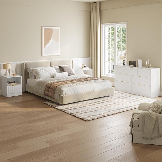 White Dresser & Nightstand Set 3-Piece, Bedroom Dresser with 7 Drawers, Night Stand Set of 2 w/Metal Handle, Fluted Modern Wood Chest of Drawers Storage Dressers Set for Bedroom, White