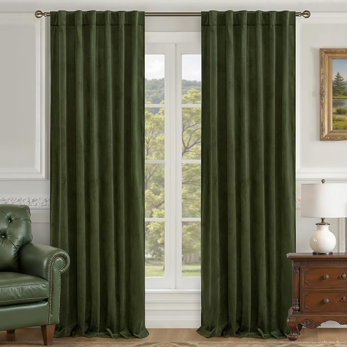 LAMIT Olive Green Velvet Curtains 108 Inch Length for Living Room, Thermal Insulated Blackout Curtains Luxury Room Darkening Back Tab and Rod Pocket Window Drapes for Bedroom, 2 Panels, 52 x 108 Inch