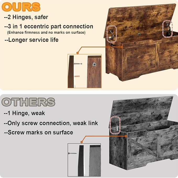 Timberer 39.4" Storage Chest, Wooden Storage Bench, Lift Top Toy Chest with 2 Safety Hinges, Large Toy Box, Entryway Bench for Living Room, Bedroom, Rustic Brown