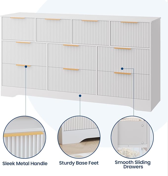 GarveeHome Fluted Dresser for Bedroom with 10 Drawers, 59" Wide Modern Chest of Drawers with Wood Frame, Dresser TV Stand Wooden Closet Clothes Storage Organizer for Living Room, Hallway