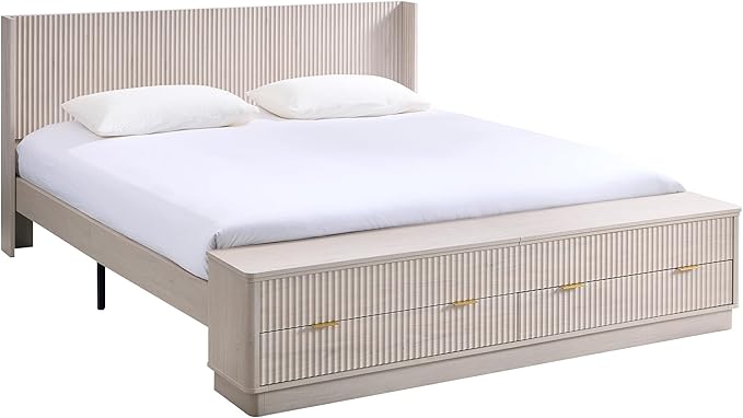 T4TREAM Fluted King Size Bed Frame with Wingback Headboard, Footboard Storage Bench with Built-in Drawers & Lift-Up Compartments, Wood & Steel Platform Bed, No Box Spring Needed, White Alder
