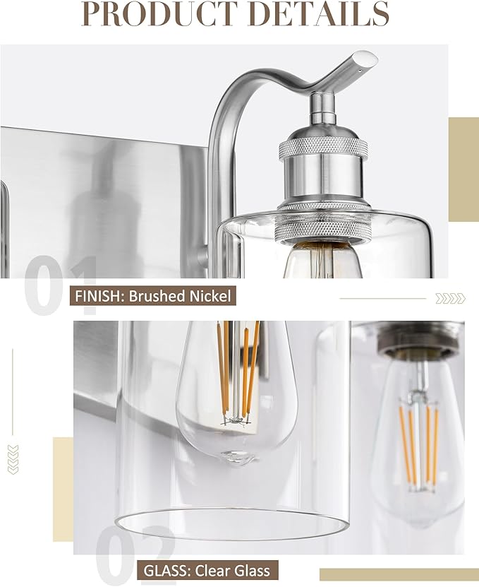 3-Light Bathroom Vanity Light, Brushed Nickel Wall Sconce, Modern Bathroom Light with Clear Glass, VL01BN-3