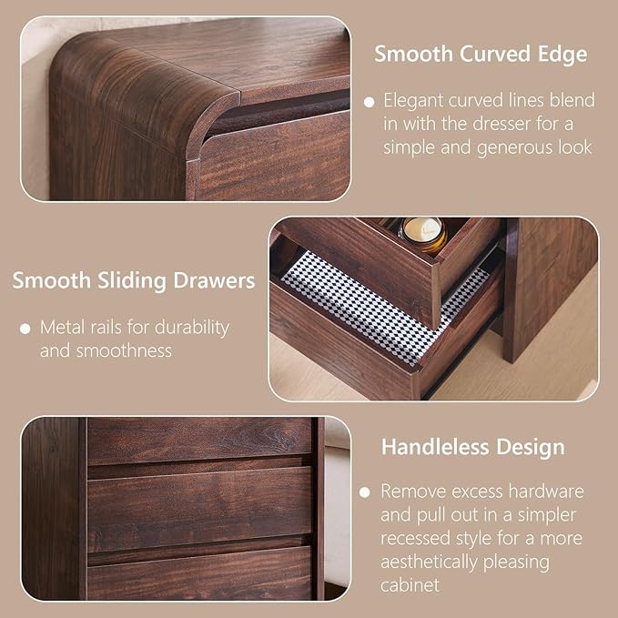 25" Tall Modern Nightstand Set of 2, 23.6" Wide Wood Bedside Table with Charging Station, 3 Storage Drawers Side Table w/Curved Profile Design,End Table for Bedroom, Living Room, Brown