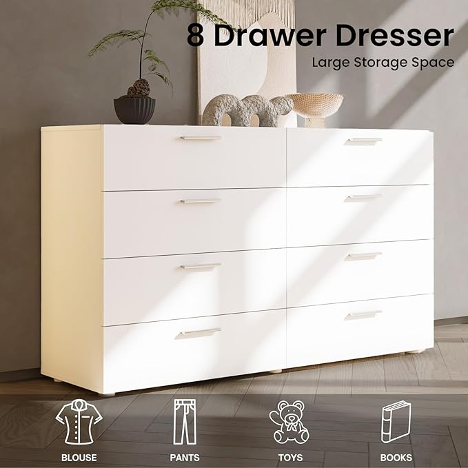 Karl home 8 Drawer Dresser, Wood White Vanity Drawer Cabinet, Bedroom Storage Cabinet TV Stand, Large Dresser Storage Chest with Deep Drawers, Bedroom Furniture，55.1 * 31.5 * 15.7 inches