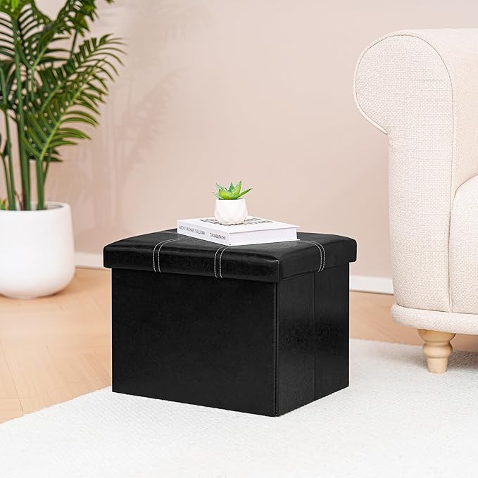 B FSOBEIIALEO Folding Storage Ottoman Cube, Faux Leather Footrest Seat Coffee Table, Black 16.5"x12.6"x12.6"