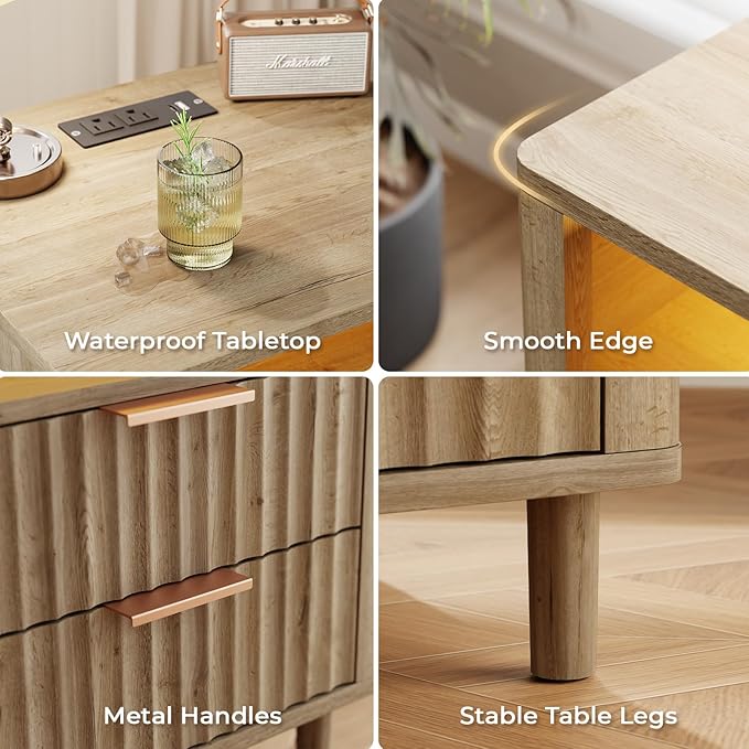 Fluted Nightstand with Charging Station, Multifunctional 3 Drawers Storage Bedside Table, Solid Wood Modern Nightstand, Curved Profile Design, End Table for Indoor Room Bedroom Office, Oak