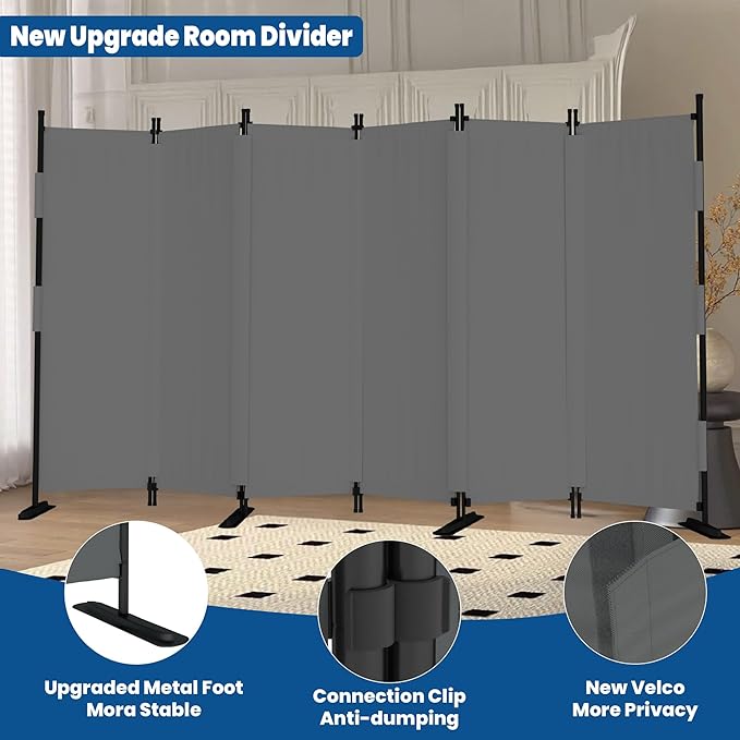 Room Divider, 6 Panel Upgraded Folding Privacy Screen, 132” Highly Secretive Separation with 4 Metal Feet, Partition Screen, Lightweight Freestanding Wall Divider Bedroom (Grey)