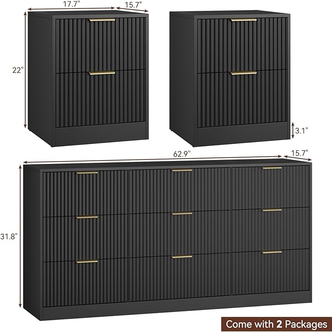 9 Drawer Dresser & Nightstand Set 3-Piece, 63” Wide Fluted Bedroom Dresser Set Night Stand Set of 2 with Metal Handle, Modern Wood Chest of Drawers Storage Dressers Set for Bedroom, Black