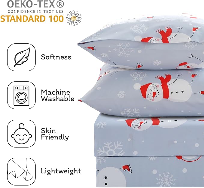 JSD Snowman Kids Sheet Set Twin Size, 3 Piece Blue Snowflakes Christmas Printed Microfiber Sheets Deep Pocket