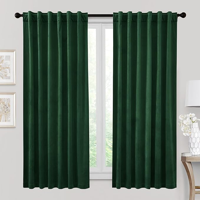 RYB HOME Hunter Green Velvet Curtains 72 inches Length - Blackout Thermal Insulated Drapes Window Treatment Luxury Solid Decor for Home Office Study Room, W52 x L72 inches, 2 Panels