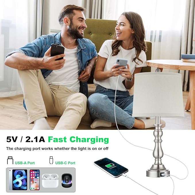 Farmhouse Side Table Lamps for Living Room Set of 2 with USB C+A Ports, Bedside Lamp for Bedroom, Dining Room Decor, Office, End Table, Knob Switch, 3 Color Temperatures, Bulb Included, Silver