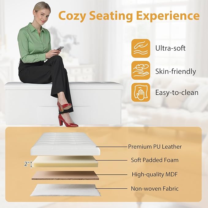 Giantex 43 Inches Folding Storage Ottoman Bench, Upholstered PU Leather Storage Chest with Side Pocket, Padded Seat, End of Bed Bench, Collapsible Ottoman Foot Rest for Living Room, Bedroom & Entryway
