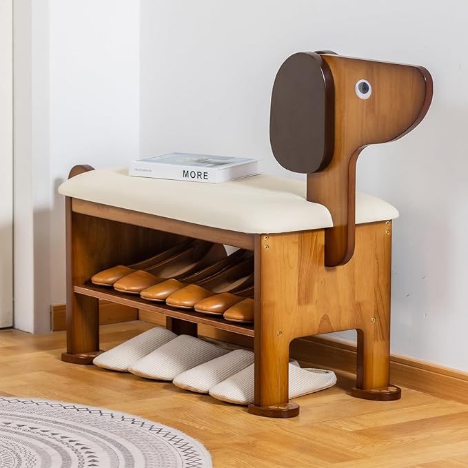 latifolia Puppy Shoe Bench, 2-Tier Solid Wood Entryway Organizer, Cute Pet-Shaped Shoe Bench for Hallway & Living Room,(23.62 inch)