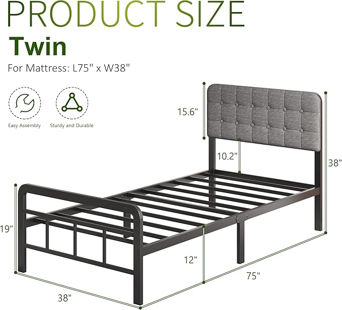 12 Inch Twin Bed Frames with Upholstered Headboard and Metal Footboard, No Box Spring Needed, Heavy Duty Twin Metal Mattress Foundation, Noise Free, Easy Assembly