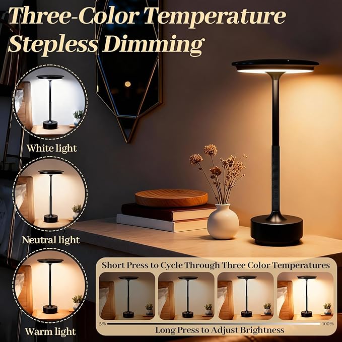 2 Pack Cordless Table Lamp Rechargeable, Portable Battery Powered USB Desk Lamp, 3 Color Dimming LED Table Light with Touch Control, for Bedroom/Restaurant/Office/Outdoor(Black)