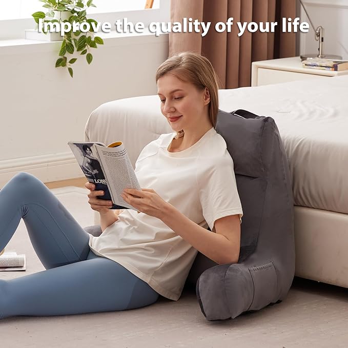 IPYNBAP Reading Pillow with Arms for Adult, Back Pillow for Bed Sitting Up, Shredded Memory Foam Backrest Pillow with Pockets & Removable Washable Cover, Lounging, Watching TV, Reading(24inch Grey)