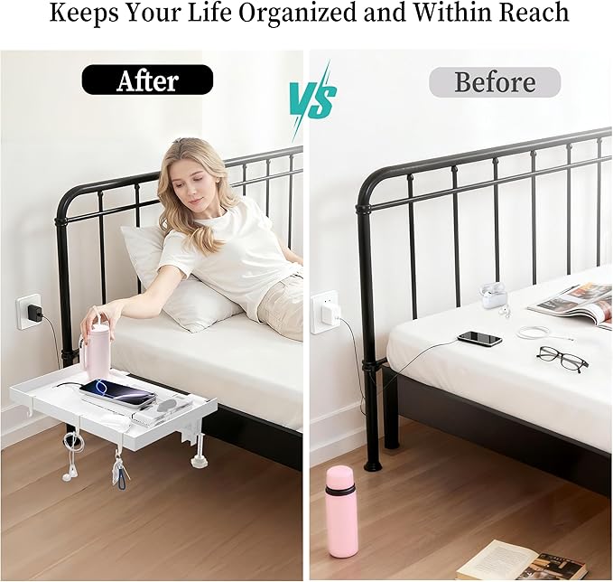 Foldable Bedside Shelf, Metal Clip-On Bed Tray Table for Bunk Bed & Dorm Beds, Dorm Room Essentials Organizer for College Students, Floating Tray, Space Saving Nightstand for Loft Beds (White, Small)