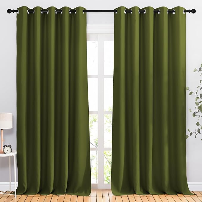 NICETOWN Room Darkening Curtains for Living Room - Easy Care Solid Thermal Insulated Grommet Room Darkening Curtains/Drapes for Bedroom (2 Panels, 66 by 90, Olive)