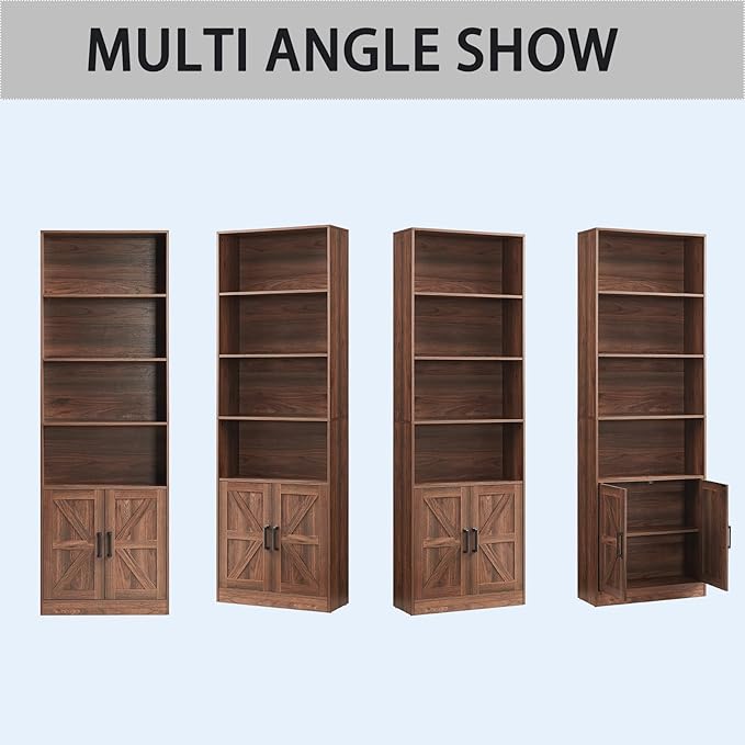 RWYHG 70in Tall Bookshelf 6 Tier Bookcase with Barn Doors and Adjustable Shelf, Brown Farmhouse Book Shelves with Storage Cabinet,Wood Floor Standing Display Bookshelve for Bedroom,Living Room,Kitchen