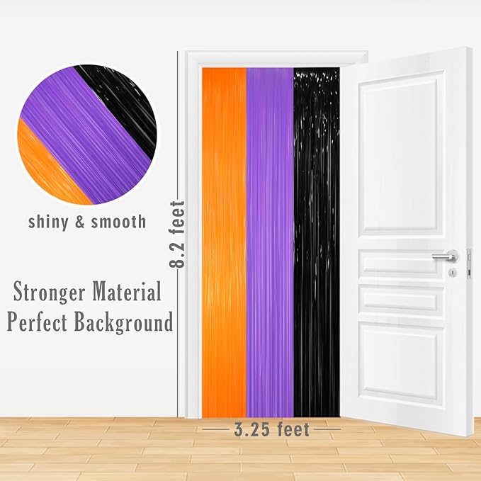 GOER 3.2 ft x 8.2 ft Metallic Tinsel Foil Fringe Party Backdrop for Halloween Birthday Graduation New Year's Party Decorations(5 Packs,Black&Orange&Purple)