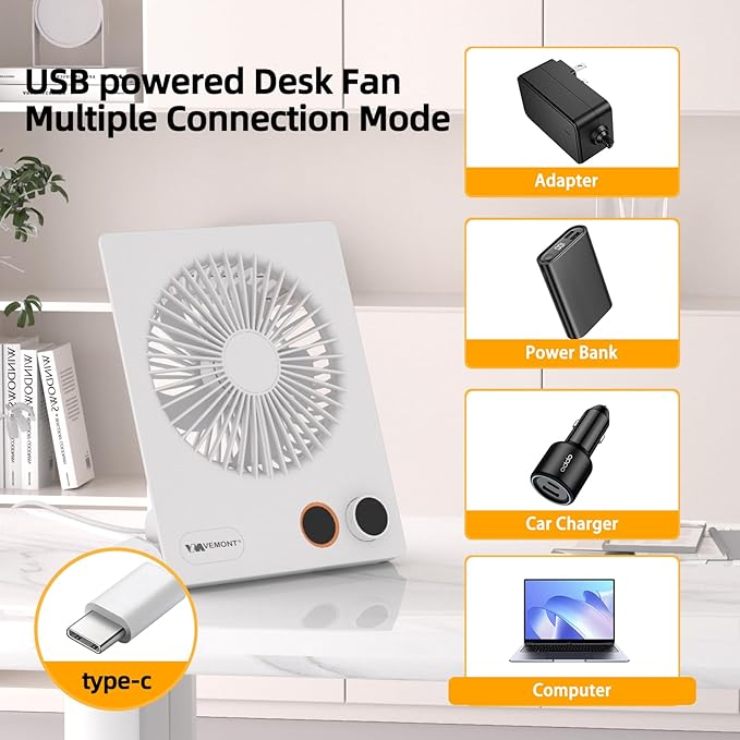 VEMONT 180°Foldable Portable Personal Fan Built-in 5000mAh Rechargeable Battery,Remote Control,Variable Stepless Speed.Hanging Design,Suitable For Home, Office, Travel,And Outdoor Use,Great Gift