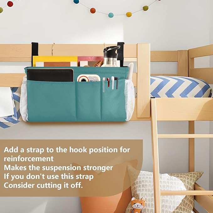 KOPIRIT Navy Teal Bedside Caddy Storage Bag Bedside Organizer for College Dorm Top Bunk Bed Hanging Storage Organizer 6 Pockets with Hooks for Drinks Magazine Phone Holder