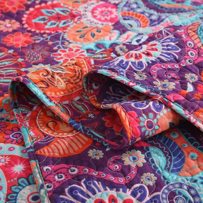 Cotton Bedspread Quilt Sets Reversible Bedding Coverlet Sets Comforter Paisley Floral Bohemian Bedspread,Bohemian Red Gorgeous Pattern,Queen Size