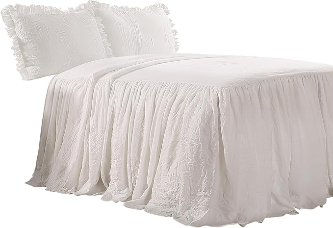 Lush Decor Ruffle Skirt Bedspread Set - 3-Piece Luxurious Farmhouse Bedding - Elegant Ruffle Detail - Timeless Style - Soft Lightweight Sheets - King, White