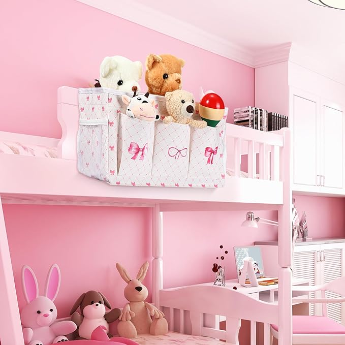 Pink Bow Bedside Caddy, Cute Bow Bedside Organizer, Pink Coquette Aesthetic Hanging Storage Caddy Bag with Fixed Strap and Water Bottle Holder for Home, College, Dorm, Bunk, Hospital, Bed Rail