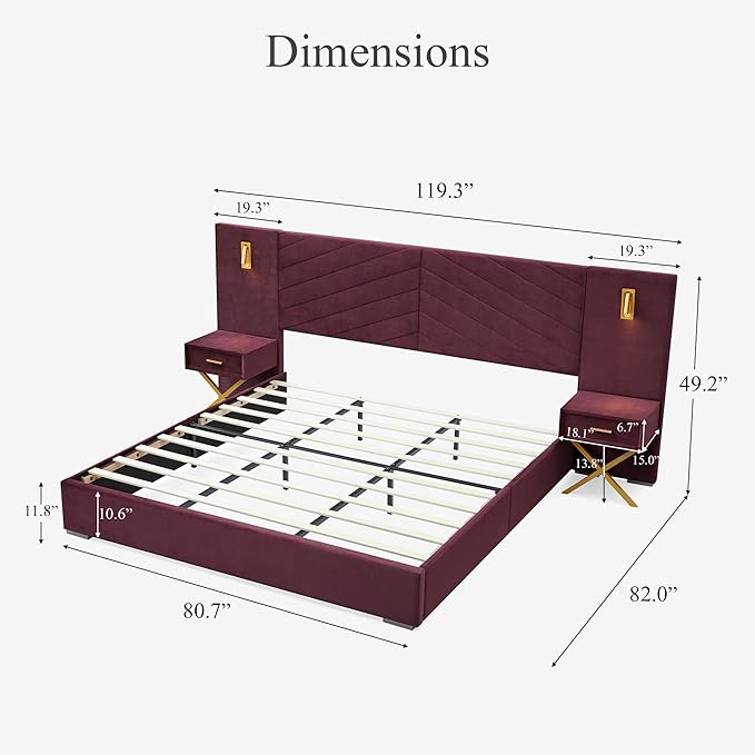 DEINPPA Luxury King Bed Frame with Built-in Gold LED Lights and Nightstands, King Size Platform Bed with Oversize Upholstered Headboard, No Box Spring Needed-Burgundy
