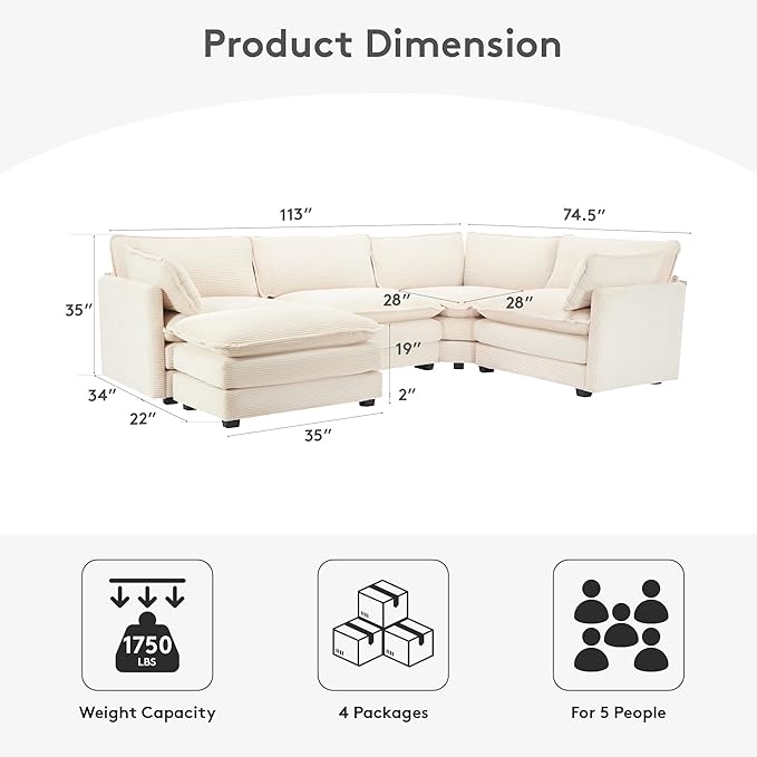 ROWHY 113'' Modular Sectional Cloud Couch, 5 Seater Corner Sofa Big Comfy Corduroy Oversized L Shaped Couch with 2 Pillows, Chaise, Ottoman, Deep Seat Sectional Couches for Living Room Office, Beige