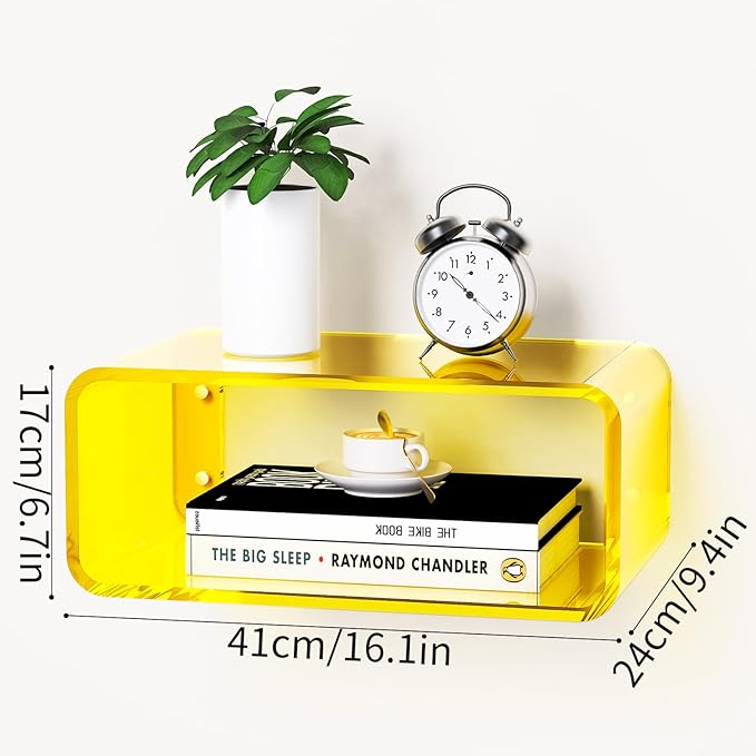 Acrylic Floating Nightstand, Bedside Table, Nightstand Shelf Wall Mounted Bedside Shelf (Yellow, Small)